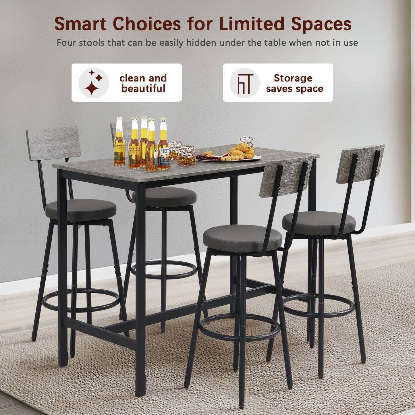 Tatub 5-Piece High Dining Table and Chairs Set in Grey for Elegant Spaces