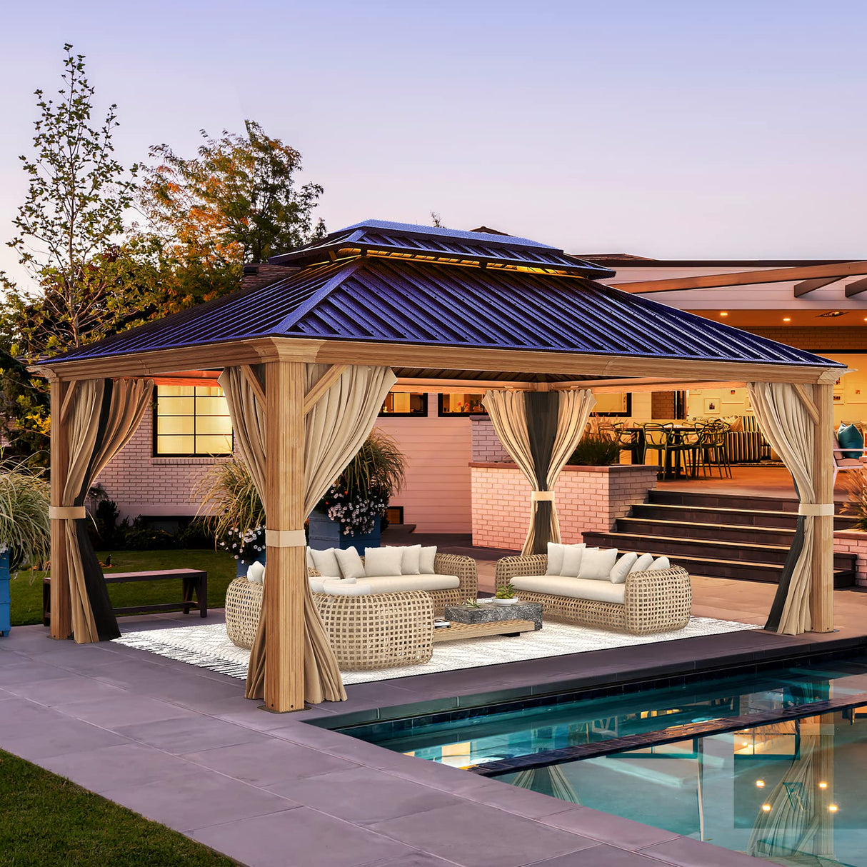 YOLENY 12' x 16' Gazebo, Hardtop Wood-Looking Gazebo with Galvanized Steel Double Roof, Aluminum Frame with Netting and Curtains for Deck, Backyard, Patio, Lawns YOLENY