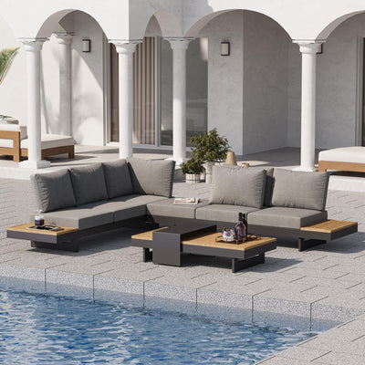 homary Outdoor Patio Conversation Sets, 6 Piece Aluminum & Teak Patio Sectional Sofa Set Outdoor Furniture with Adjustable Backrests, Waterproof, Fade Resistant Cushions Ideal for Patios & Balconies