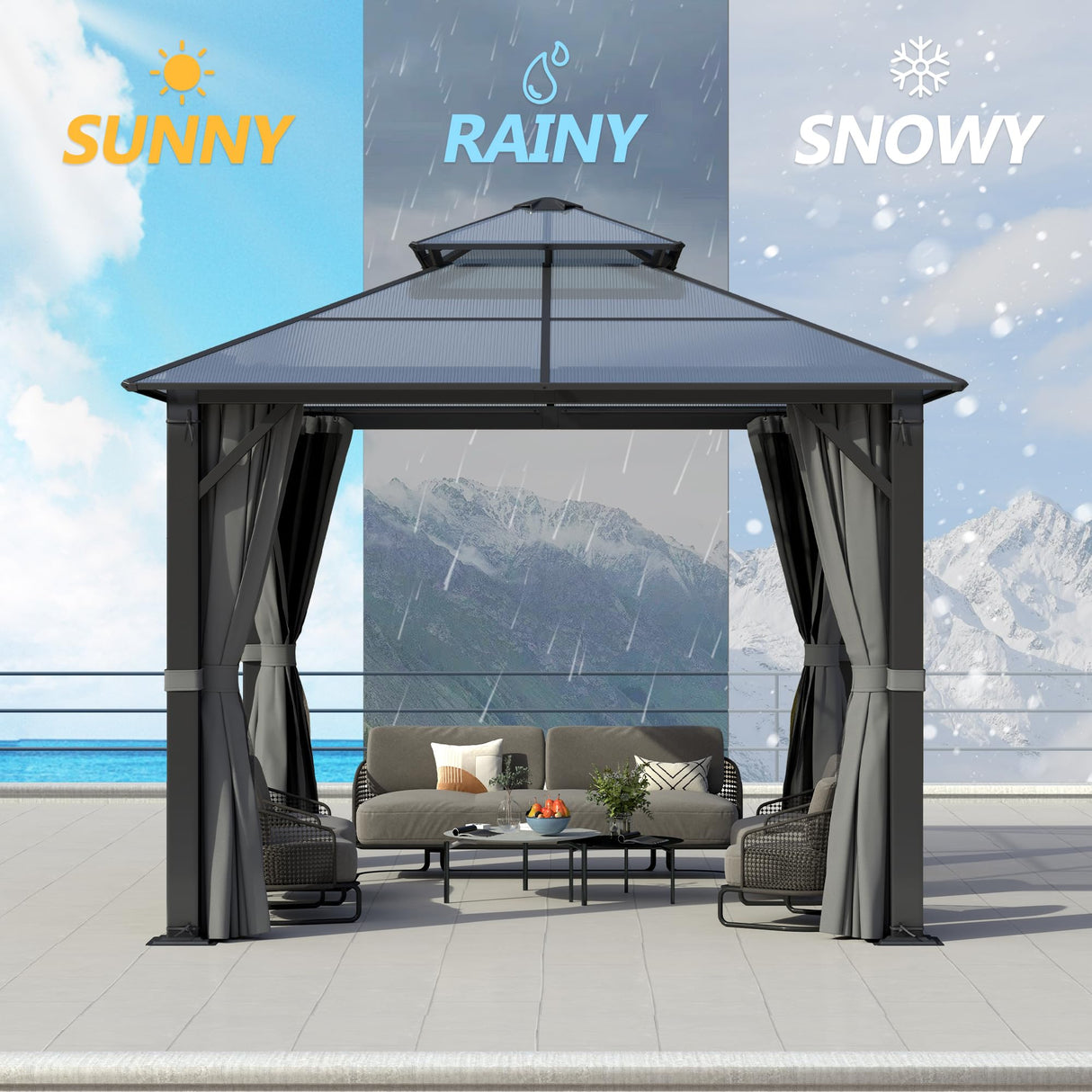 GARTOO 10x10FT Polycarbonate Hardtop Gazebo with Double Roof - Heavy-Duty Steel Frame Gazebo with Breathable Netting & Privacy Curtain for Patio, Porch, Garden, Lawn, Deck, Backyard GARTOO