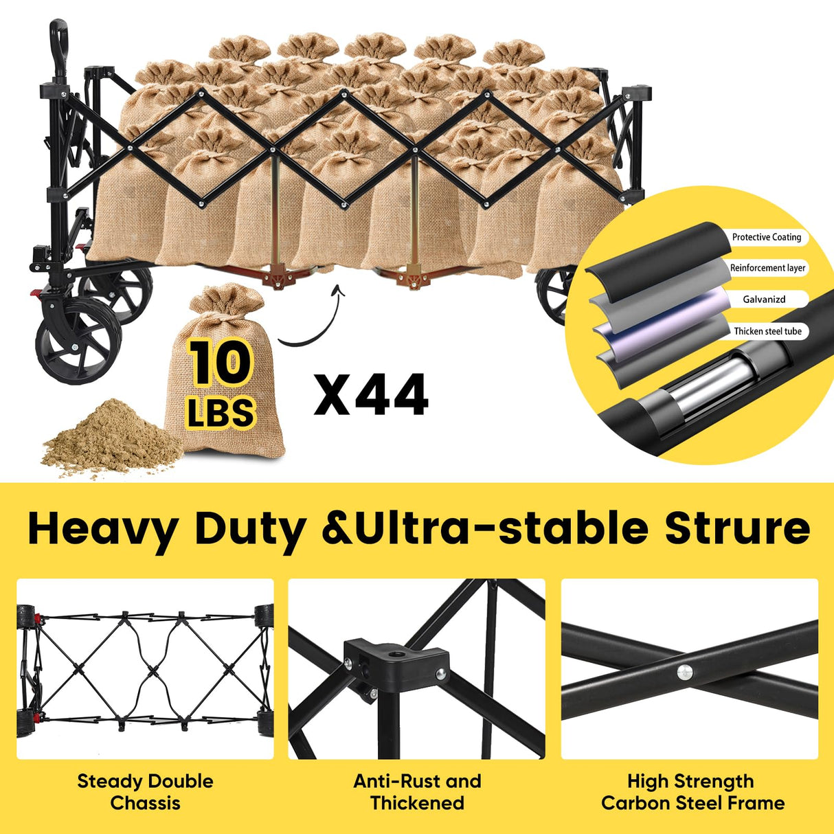 Sekey 48''L Collapsible Foldable Extended Wagon with 440lbs Weight Capacity, Heavy Duty 300L Folding Utility Garden Cart with Big All-Terrain Beach Wheels & Drink Holders. Black Sekey