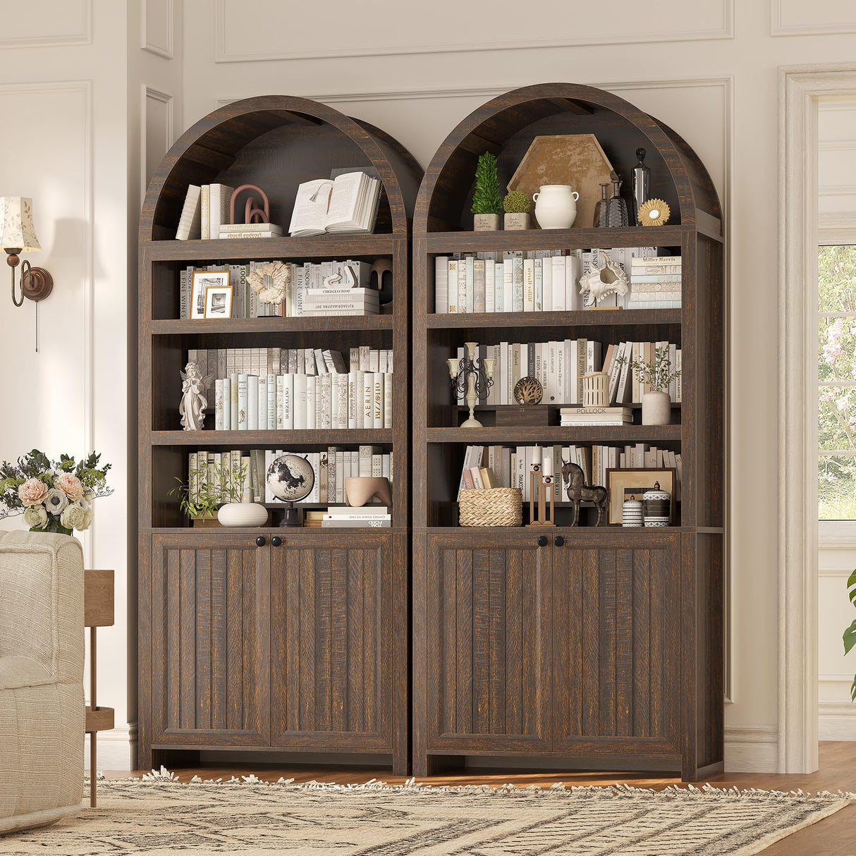 81" Tall Arched Cabinets,Bookcase with storage,Mid-Century Modern 6-Tier Bookshelf with Door,2 Book Risers and Adjustable Shelves offering more storage space for Living Room,Kitchen,Home Office,Walnut UPOSOJA