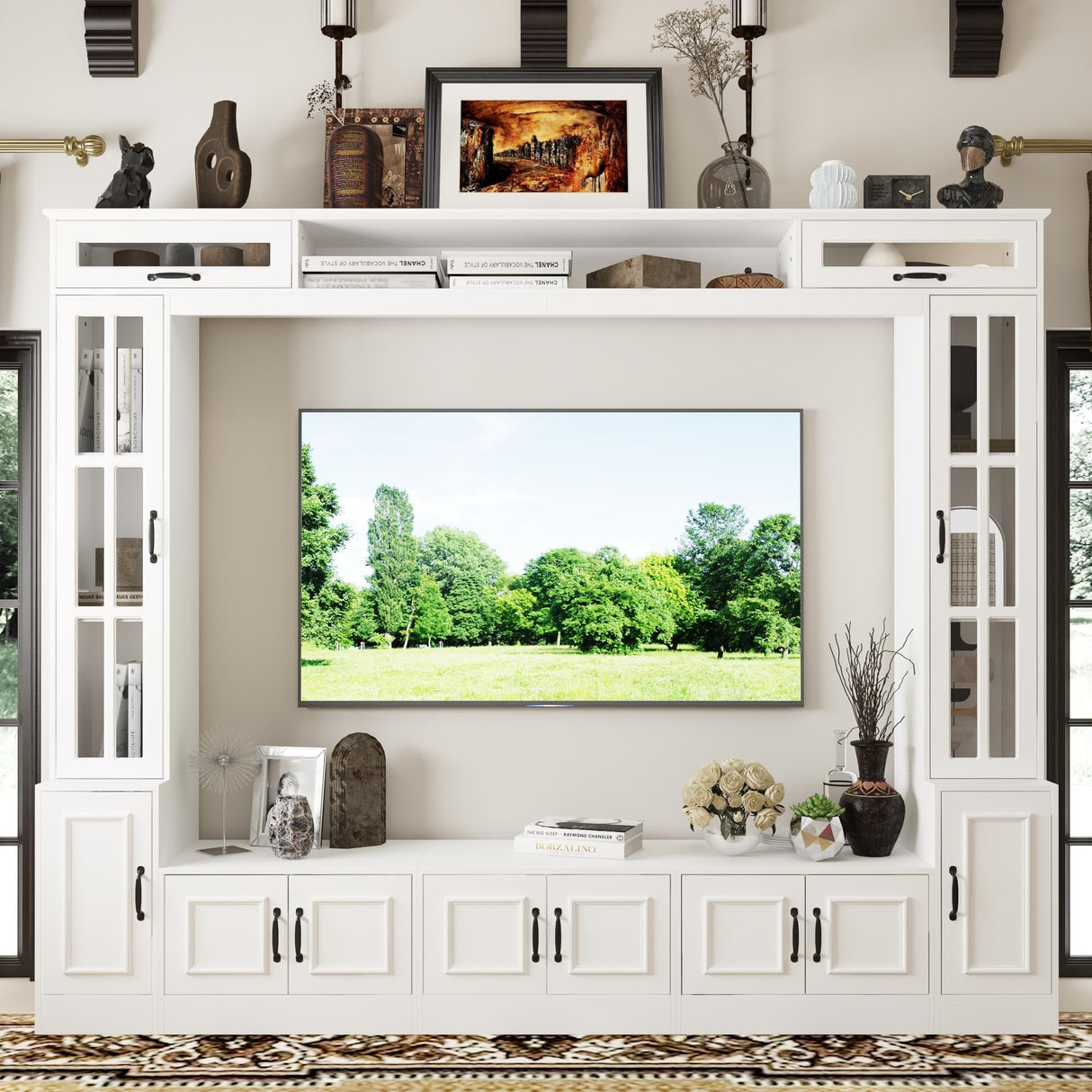 ECACAD Wall Unit Media Console Entertainment Center with 12 Doors, Large TV Stand Set with Tempered Glass Doors and Adjustable Shelves for Living Room, White (96.9”W x 15.7”D x 78.7H) ECACAD