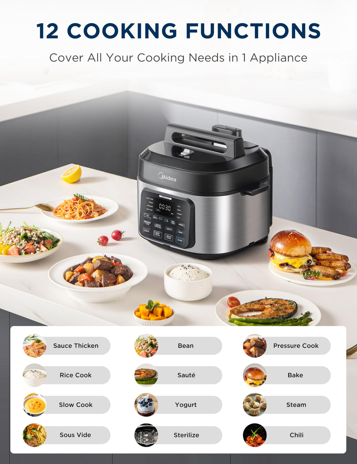 Midea WideMax 12-in-1 Electric Pressure Cooker, 6.5 Quart, 12 Presets, Multi-Functional Programmable Slow Cooker, Rice Cooker, Steamer, Sauté Pan, Cake, Yogurt, Warmer and More Midea