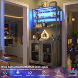 Aheaplus Bar Cabinet with Power Outlets, 67" Tall Wine Bar Cabinet Liquor Cabinet with LED Lights and Glass Holder, Coffee Bar Station for Living Room, Microwave Stand Bakers Rack Cabinet, Black Oak Aheaplus