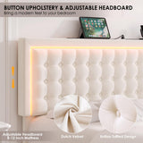 HIFIT Upholstered Full Size LED Bed Frame with Charging Station and 4 Large Storage Drawer, Velvet Button Tufted Full Platform Bed with Adjustable Headboard, No Box Spring Needed, Easy Assembly, Beige HIFIT