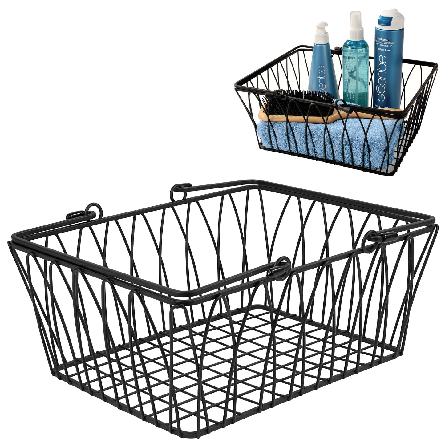 Spectrum Twist Wire Basket for Organizing (Medium, Black) - Sturdy Farmhouse Pantry Basket Storage with Handles - Wire Storage Basket Organizer for Kitchen, Shelf, Closet, Bathroom & More - WoodArtSupply