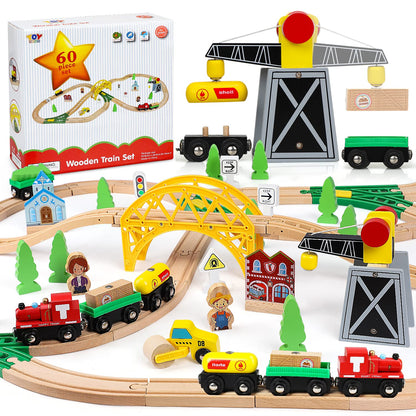 TOY Life Wooden Train Set with Crane Wood Train Tracks 60pcs Toddler Boy Toys for 3 Year Old Boys - Fits Thomas Brio Melisa Chugginton Train Track