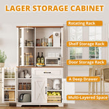 IRONCK Farmhouse Kitchen Pantry Cabinet with Charging Station, Kitchen Hutch Storage Cabinet with Microwave Stand and Rotating Rack for Kitchen, Dining Room, White IRONCK