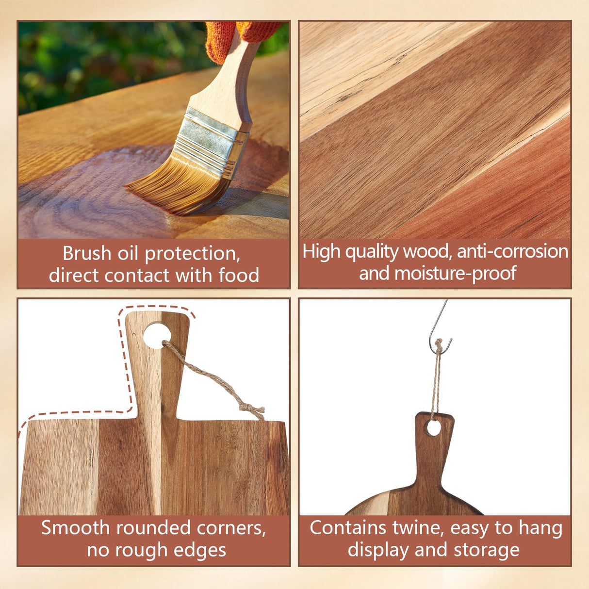 Hsei 2 Pcs Acacia Wood Cutting Board with Handle Wooden Charcuterie Board Large Paddle Carving Chopping Board Set Butter Board Serving Tray for Cheese Meat Fruit Pizza Bread Baking (16x12, 17x10inch) Hsei