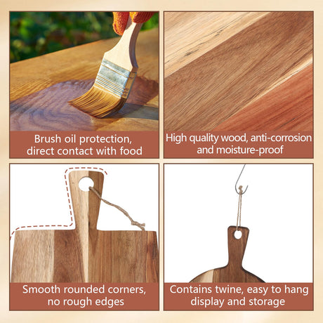 Hsei 2 Pcs Acacia Wood Cutting Board with Handle Wooden Charcuterie Board Large Paddle Carving Chopping Board Set Butter Board Serving Tray for Cheese Meat Fruit Pizza Bread Baking (16x12, 17x10inch) Hsei