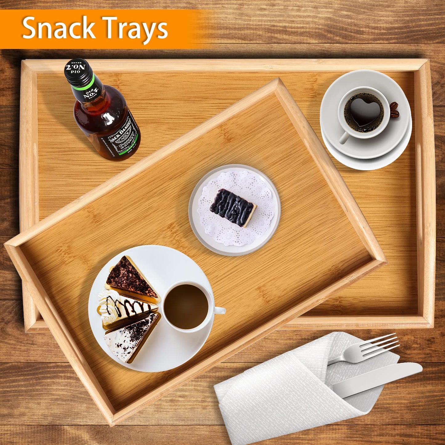 2 Pack Bamboo Serving Tray with Handles, Portable Bed Tray for Breakfast Dinner, Eating Trays for Living Room,Restaurants