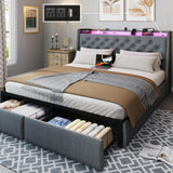 SADENICEL Queen Bed Frame with Storage Headboard and 2 Drawer, Metal Queen Size Bed Frame Platform with LED Light, Charging Station, No Box Spring Needed, Noise Free, Easy Assembly, Grey SADENICEL