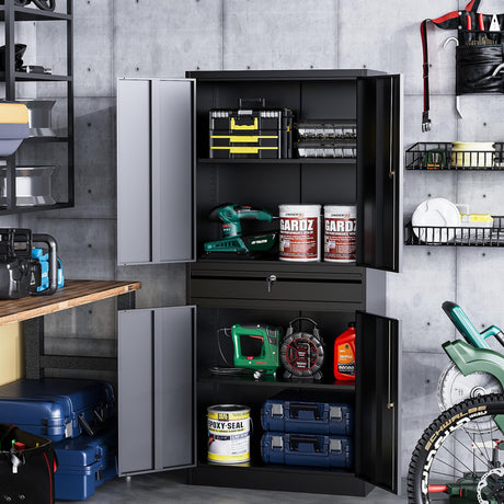 STANI Metal Garage Storage Cabinets with Drawer, 4 Doors Tool Storage Cabinet with 2 Adjustable Shelves, 71"-Lock Steel Locking Cabinet for Garage Utility Room Home Office (Black, 0 Wheel-71 H) STANI