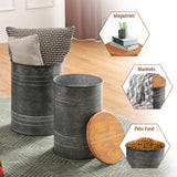 Glitzhome Rustic End Table Set of 2, Farmhouse Galvanized Metal Barrel Ottoman Storage Stool with Round Wood Lid for Living Room Furniture, Grey Glitzhome