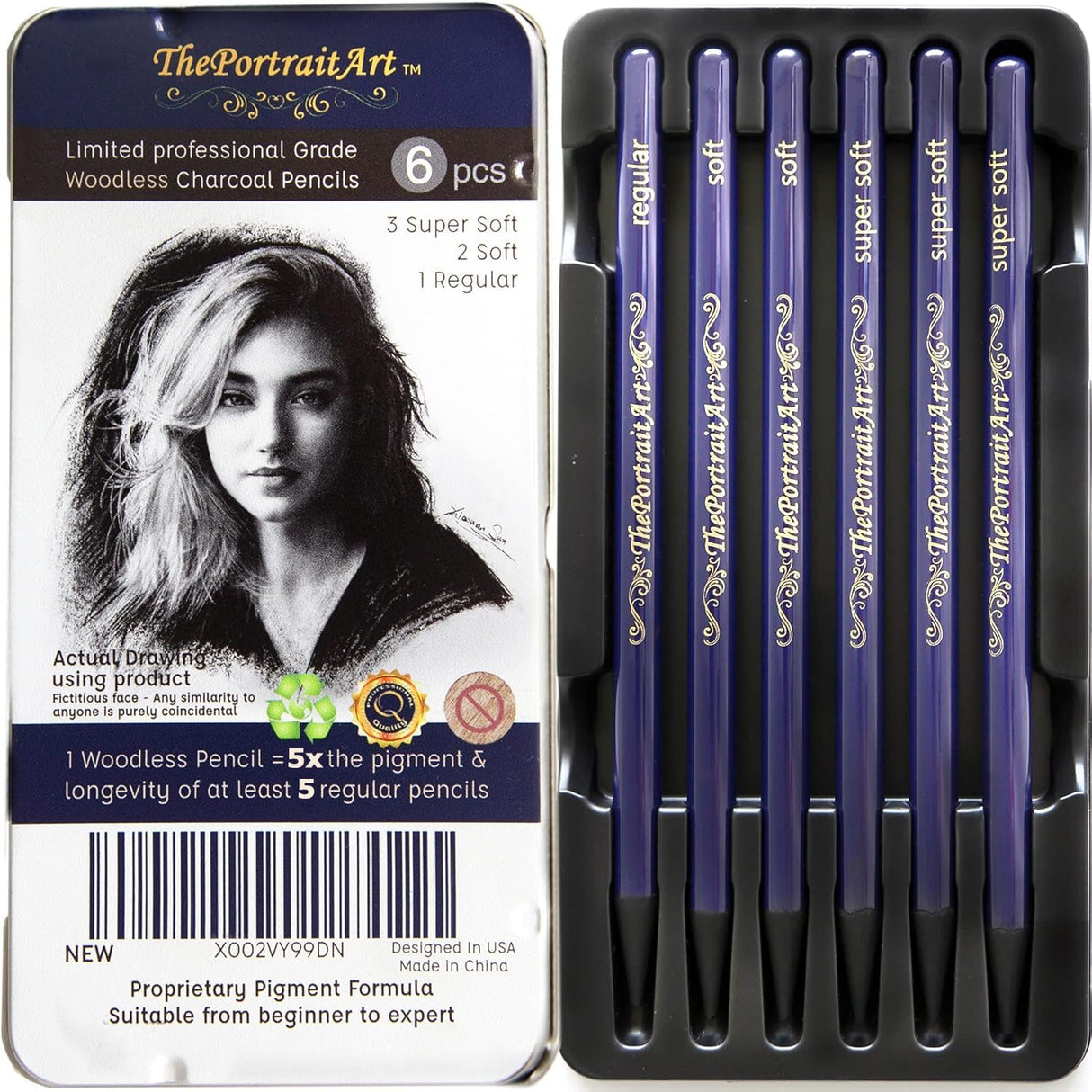 ThePortraitArt Artist Woodless Pure Charcoal Pencils - Ultra Soft and Dark – 6pc Set Equivalent to 28+ Regular Pencils – Smooth Consistency on All Drawing Papers ThePortraitArt