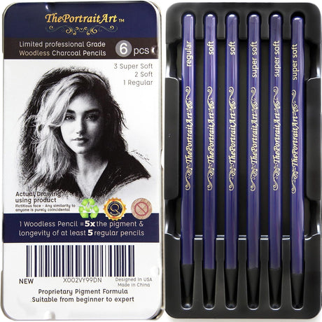 ThePortraitArt Artist Woodless Pure Charcoal Pencils - Ultra Soft and Dark – 6pc Set Equivalent to 28+ Regular Pencils – Smooth Consistency on All Drawing Papers ThePortraitArt