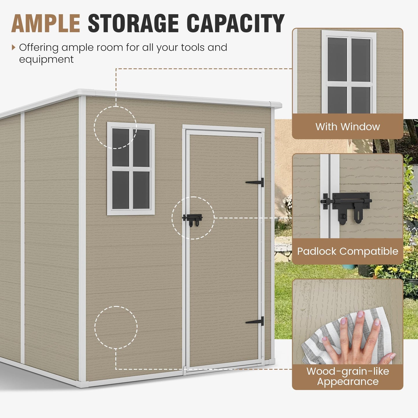 VONZOY Outdoor Storage Shed, 6x6 FT Resin Shed with Floor and Lockable Door, Window & Vents, Tool Sheds & Outdoor Storage for Bike, Garden Accessories, Tools, Waterproof (Light Brown)