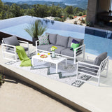 Patiorama Aluminum Patio Furniture Set, 4 PCS Modern Patio Conversation Set, All Weather White Outdoor Sectional Sofa Set w/Coffee Table, 3-Seater Sofa, Superior Olefin Cushion, Garden-Grey Cushion Patiorama