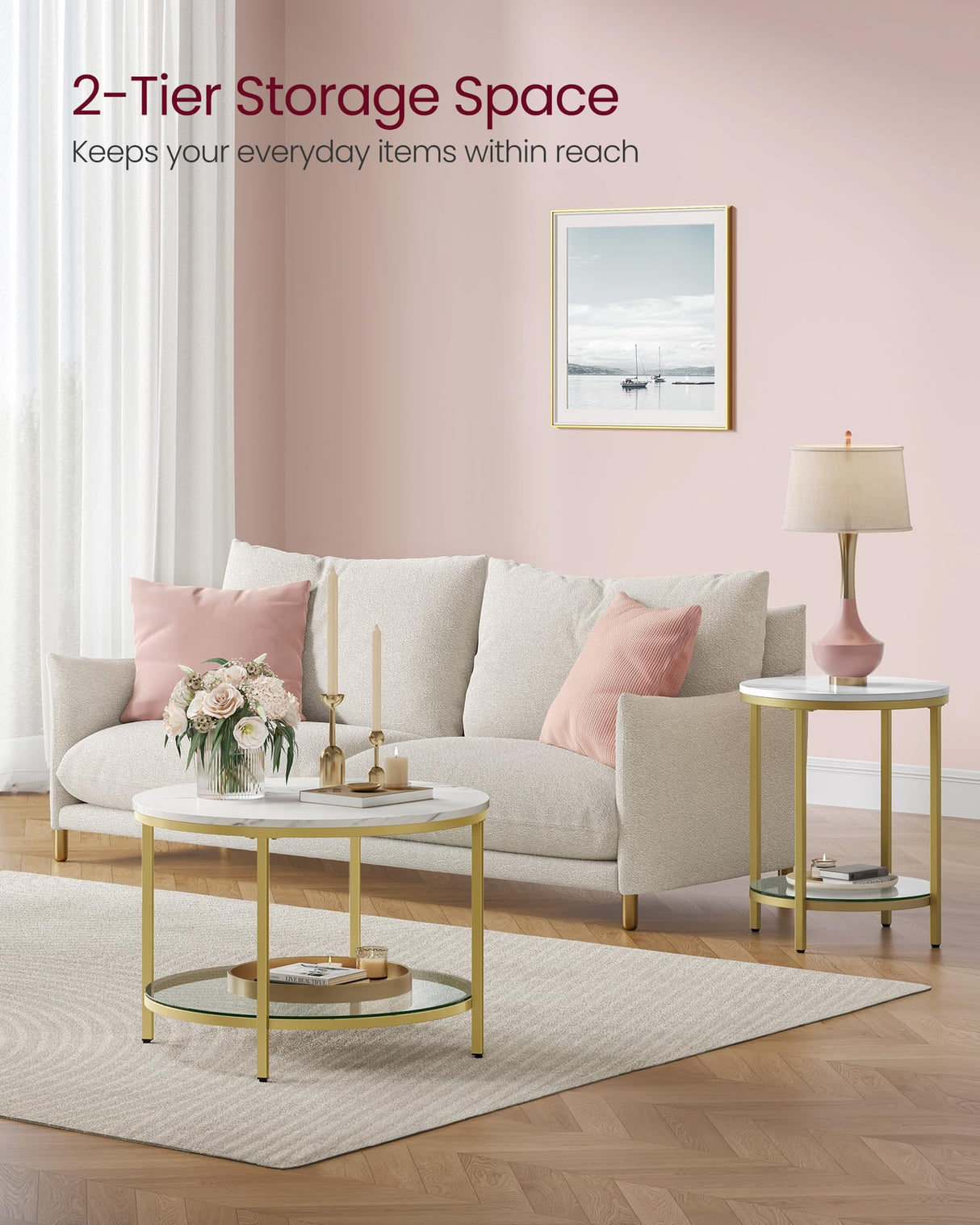 VASAGLE Round Coffee Table, Small Coffee Table with Faux Marble Top and Glass Storage Shelf, 2-Tier Circle Coffee Table, Modern Center Table for Living Room, Marble White and Pale Gold ULCT072W59 VASAGLE