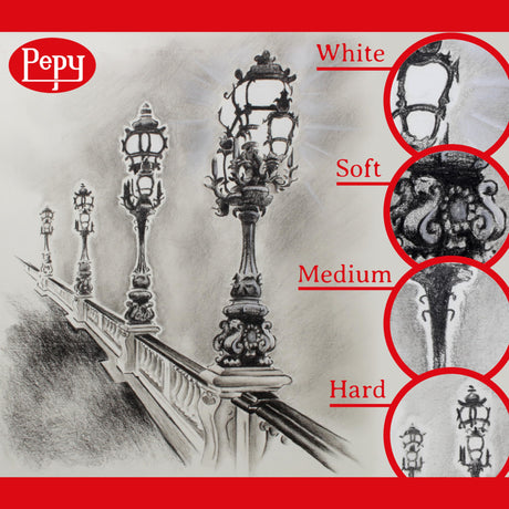 Pepy Professional Hard Charcoal Pencil Set – Set of 6 Pre-Sharpened Black Charcoal Pencils; Perfect for Drawing, Sketching, Blending and Shading Pepy