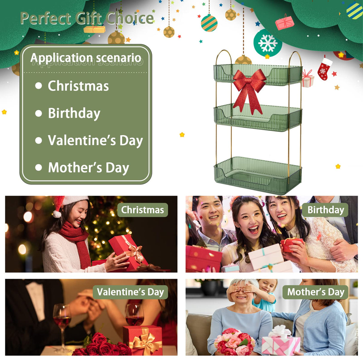 Shuang Qing Bathroom Counter Organizer - Countertop Storage, Cosmetics & Skincare Shelf, Makeup & Perfume Organizer, Spice Rack for Kitchen (3 Tier - Green) shuang qing