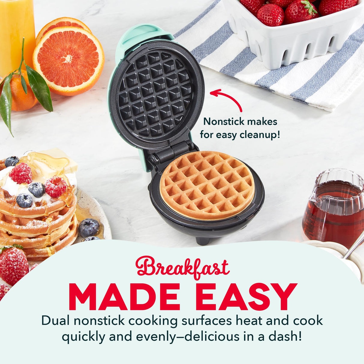 DASH Mini Waffle Maker - 4” Waffle Mold, Nonstick Waffle Iron with Quick Heat-Up, PTFE Nonstick Surface - Perfect Mini Waffle Maker for Kids and Families, Just Add Batter (Aqua) DASH