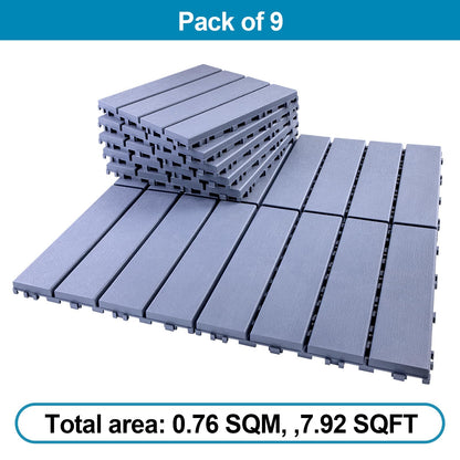 Spurtar Plastic Interlocking Deck Tiles 9 Pack (11.3"x11.3"), Decking Tiles Outdoor Waterproof for All Weather Use - Suitable for Patio Garden Poolside Front/Back Yard Porch Pool Balcony Backyard Grey