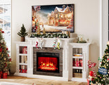 Naice 70" Electric Fireplace with Mantel and Cabinets, Fireplace TV Stand for Living Room Bedroom, Stacked Stone Surround and Remote Control 3D Realistic Flame, White Naice
