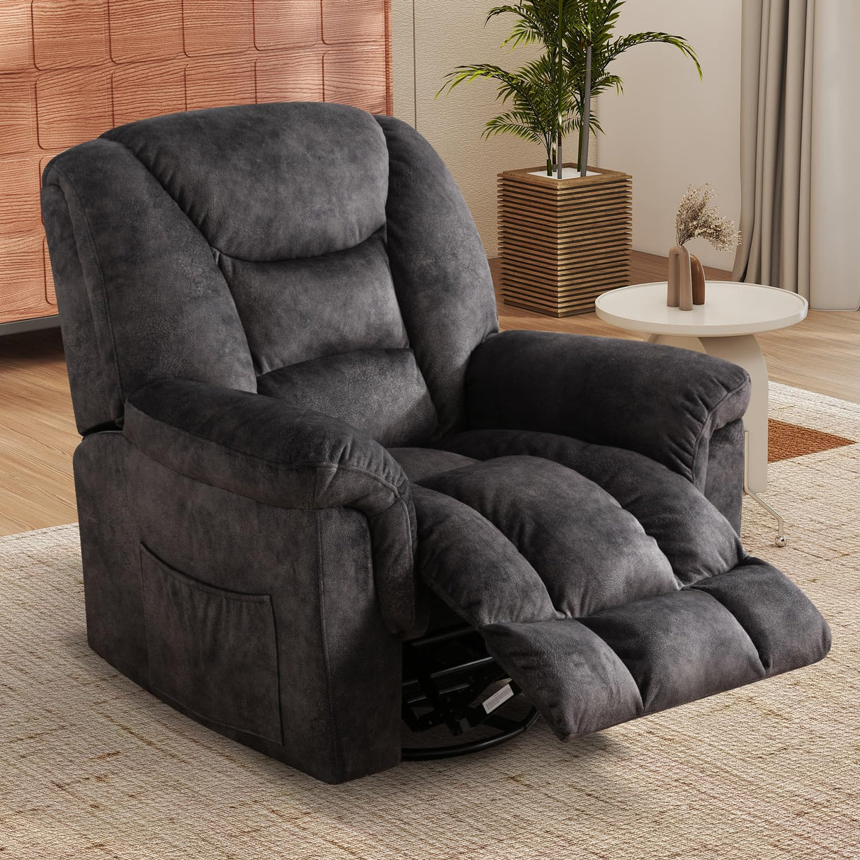 CANMOV Swivel Rocker Recliner, Manual Nursing Recliner with Hidden Switch, Upholstered Plush Seating 360°Swivel Glider Rocking Chair, Comfy Swivel Chair for Living Room, Black CANMOV