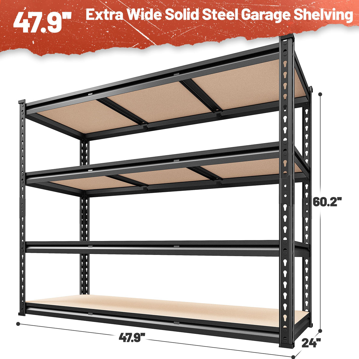 REIBII 48" W Garage Shelving Heavy Duty Storage Shelves 4 Tier Heavy Duty Shelving 2550LBS Adjustable Metal Shelves for Garage Storage Rack Utility Rack Industrial Shelf,47.9" W X60.2 H X 24" D REIBII