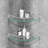 YorkHoMo Glass Corner Shelves Tempered Bathroom Eestantes para Baños with Rail Wall Mounted Drill Hole for Corner Shower Shelf for Inside Shower 2 Pack（Sliver） YorkHoMo