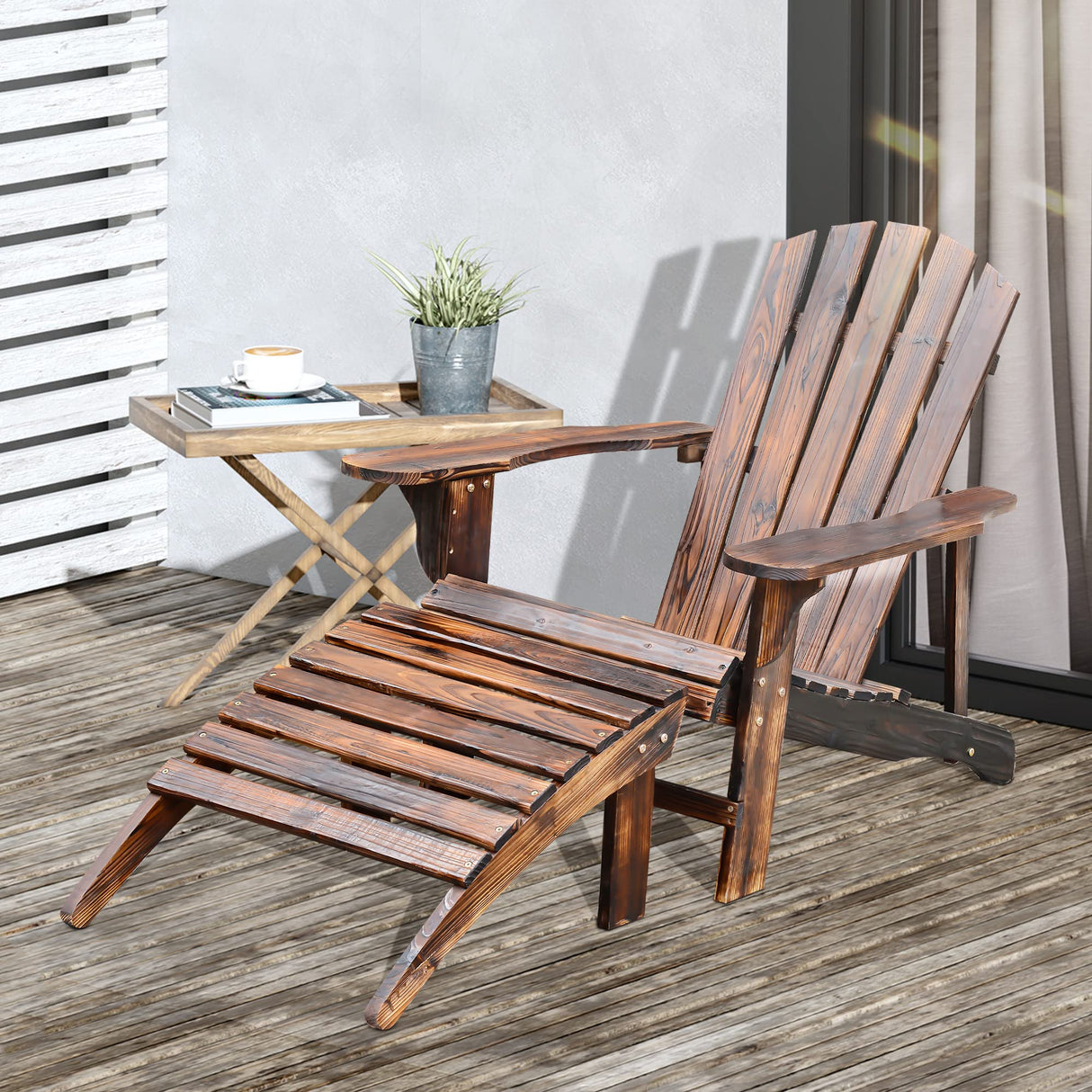 Outsunny Wooden Adirondack Chair with Ottoman,Outdoor Fire Pit Chair,Patio Lounge Chair Supports Up to 330 Lbs, Rustic Brown Outsunny