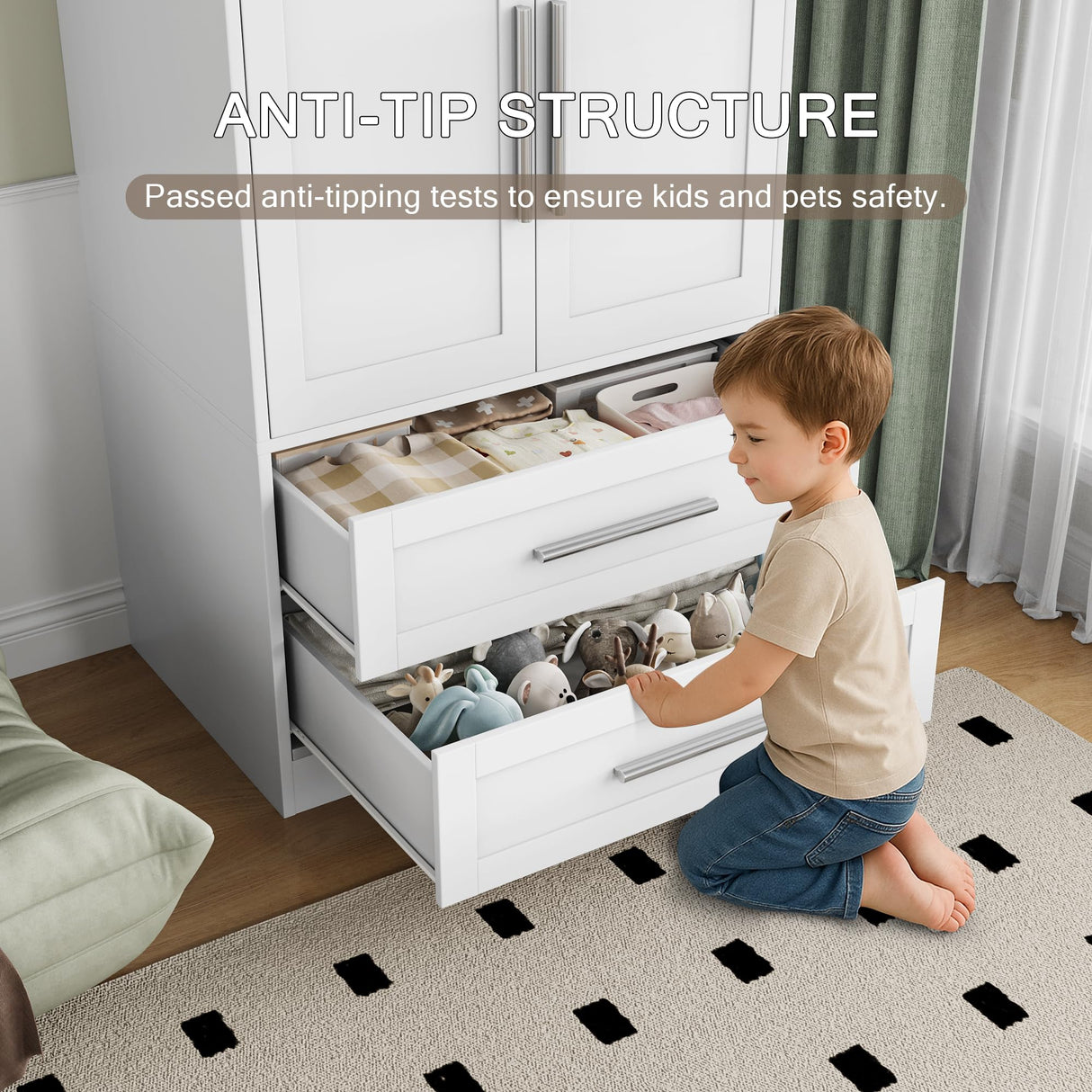 Einhomn Wooden Armoire Wardrobe Closet with 2 Doors and 2 Drawers,Bedroom Freestanding Armoire Storage Cabinet with Shelves,Tall Clothing Storage Cabinet for Bedroom,White Einhomn