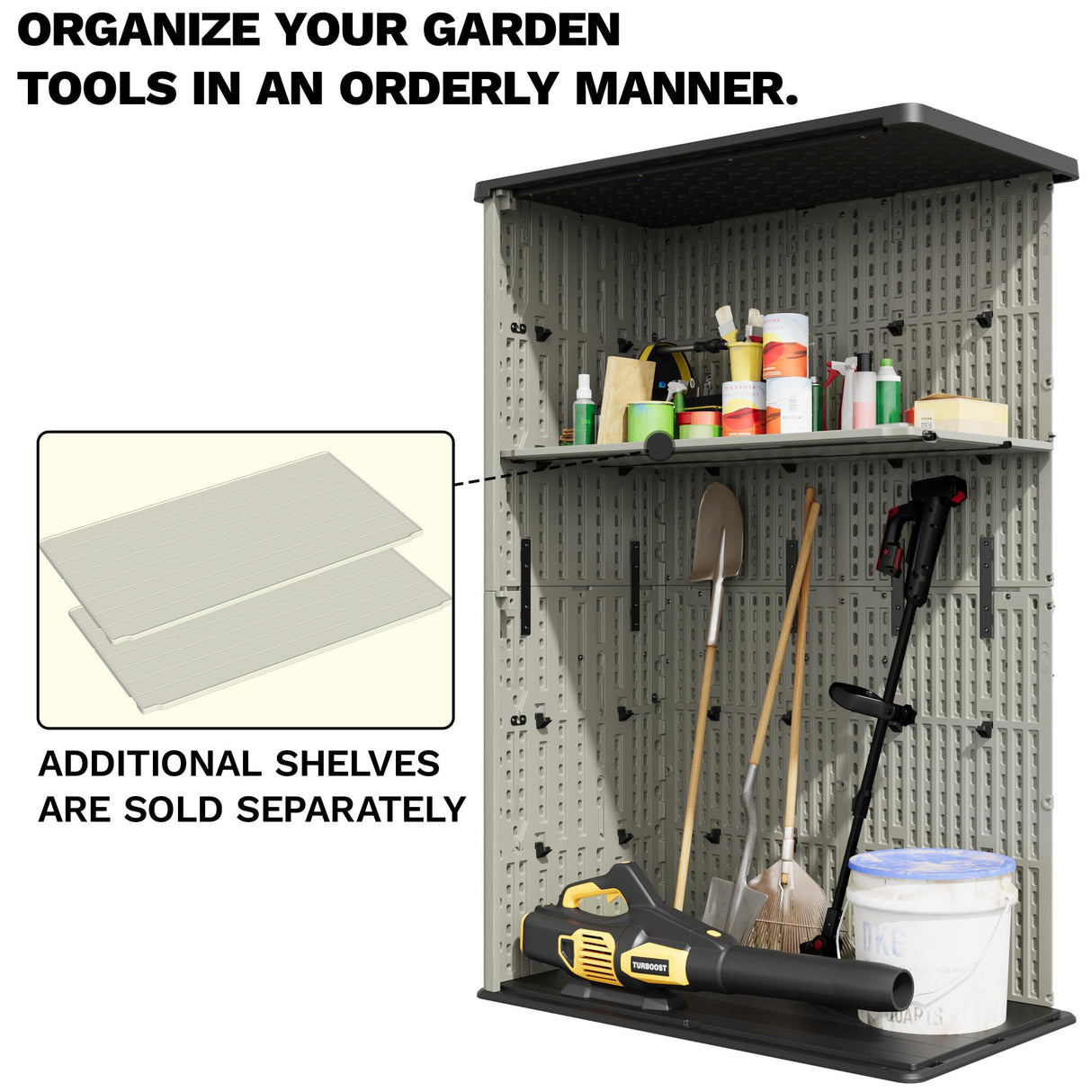 Devoko 50 cu.ft Outdoor Storage Cabinet - Vertical Resin Storage Shed - Holds Patio Furniture, Pool Toys, Garden Tools (Beige) Shelf Not Included Devoko