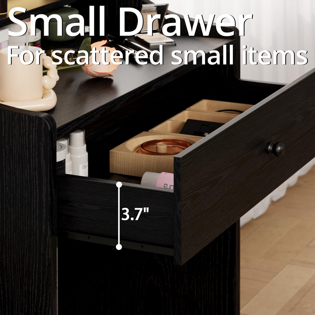 LIKIMIO Small Makeup Vanity Desk with Mirror and Lights, Vanity Table Set with Storage Drawer, Chair and Three Shelves, Bedroom, Black LIKIMIO