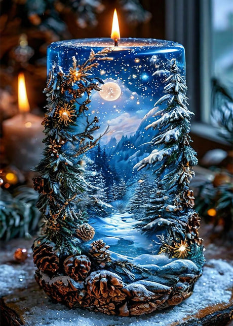 KINPLUB Christmas Candles Diamond Painting Kits for Adults Beginners, Winter Forest Snow Scenery Diamond Art Kits for Adults, DIY Full Drill Round Gem Art Dots for Home Wall Decor 12x16 Inch KINPLUB