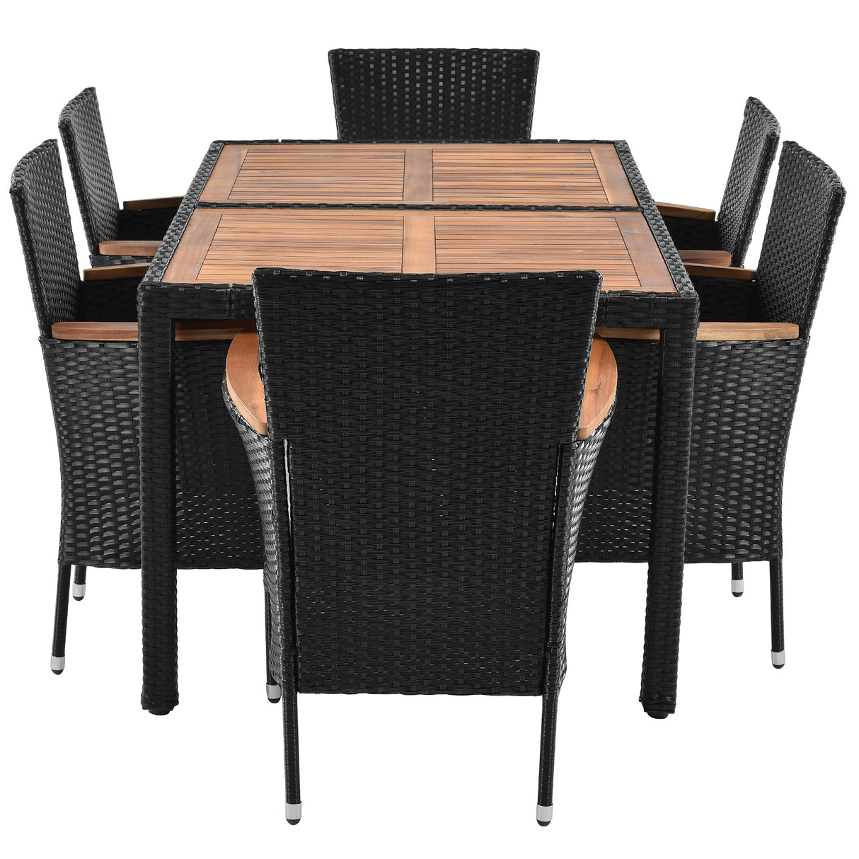 Quarte 7 Piece Outdoor Patio Dining Set, PE Rattan Wicker Dining Table and Chairs Set with Acacia Wood Tabletop and Stackable Armrest Chairs/Water-Proof Cushions Quarte