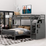 Twin over Full Bunk Bed with Staircase, L-Shaped Loft Bed Frame with Full-Length Guardrail and Storage Stairway, Multi-Function Convertible Loft Beds and Platform Bed, No Box Spring Needed, Grey Janusline
