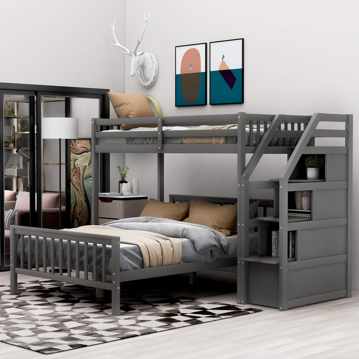 L-Shaped Bunk Bed, Space Saving Twin Over Full Bunk Bed Platform with 3 Storage Staircase, Durable Wood Bedroom Furniture with Safety Guardrail, Convertible Loft Bed for Family, Easy Assembly (Grey) FAROUCHE