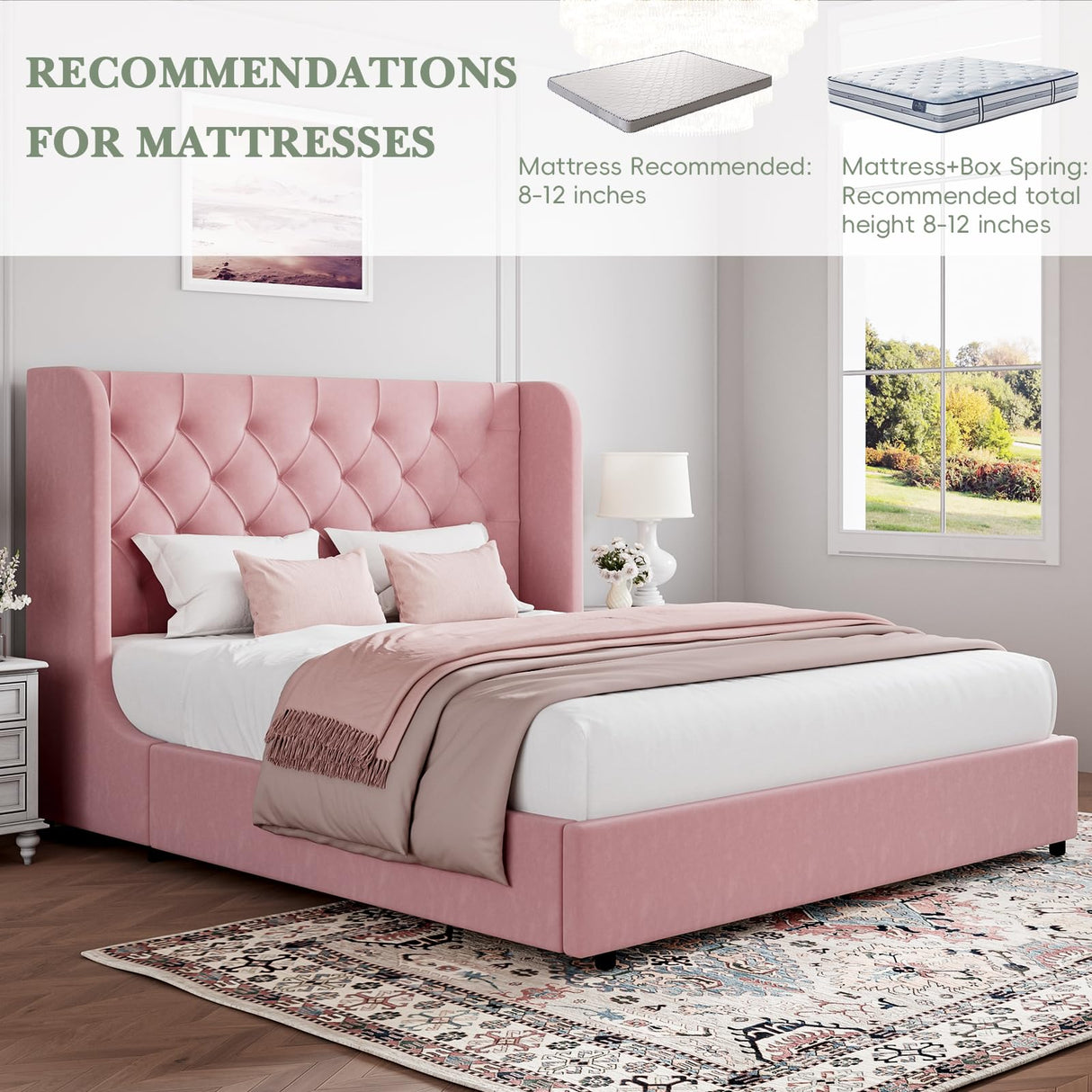 King Size Bed Frame, Pink Upholstered Bed Frame King with Wide Wingback, Softly Curved Wings Velvet Headboard, Sturdy Wooden Slats Support, No Box Spring Required, Noise Free, Easy Assembly, Pink HOMBCK