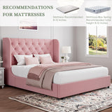 King Size Bed Frame, Pink Upholstered Bed Frame King with Wide Wingback, Softly Curved Wings Velvet Headboard, Sturdy Wooden Slats Support, No Box Spring Required, Noise Free, Easy Assembly, Pink HOMBCK