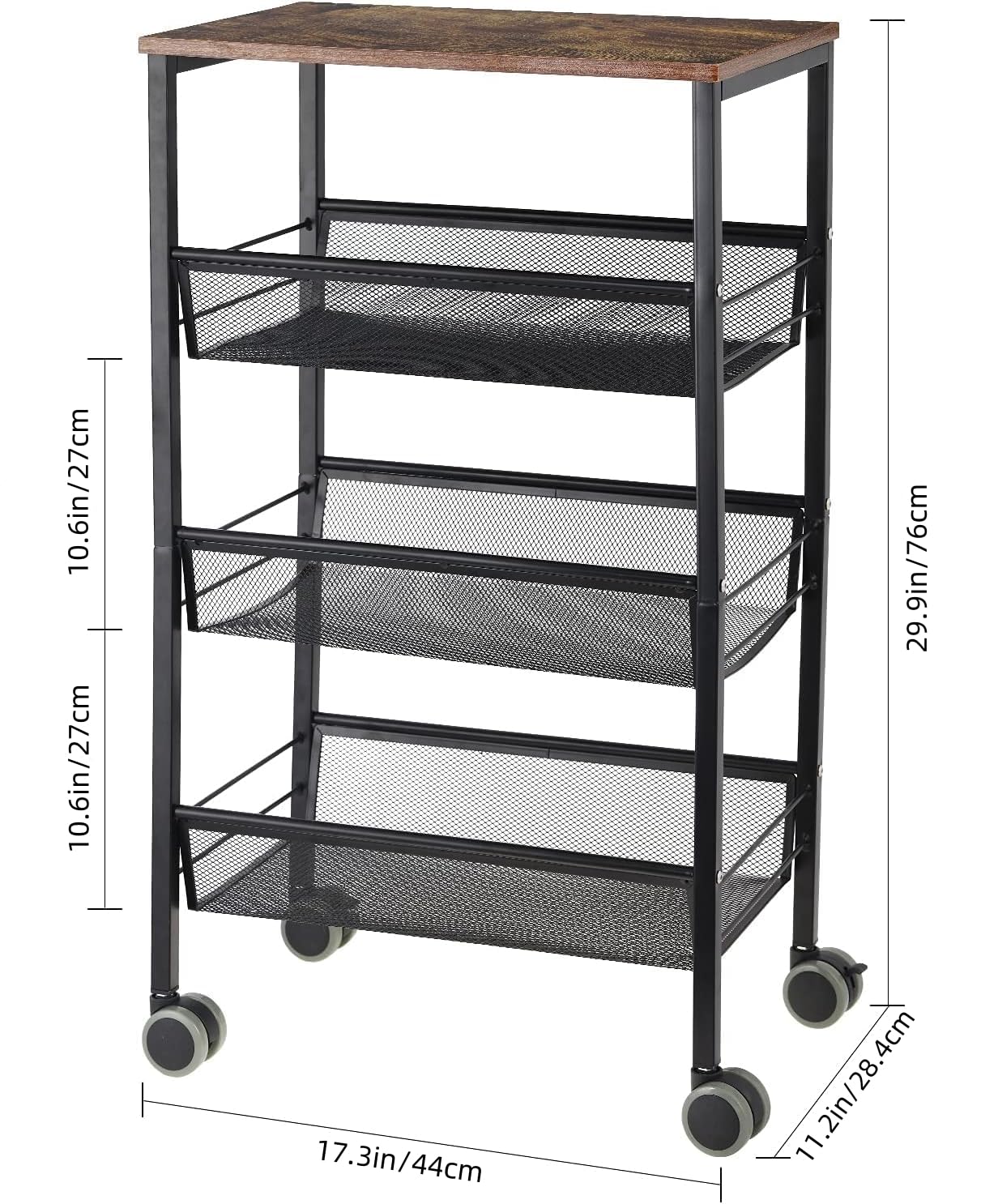 LIANTRAL Rustic Kitchen Storage Cart, 4 Tier Kitchen Cart on Wheels, Metal Mesh Storage Pantry Cart with Lockable Wheels, Wood Look Top and Metal Frame.