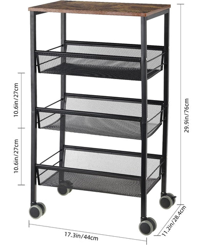 LIANTRAL Rustic Kitchen Storage Cart, 4 Tier Kitchen Cart on Wheels, Metal Mesh Storage Pantry Cart with Lockable Wheels, Wood Look Top and Metal Frame.