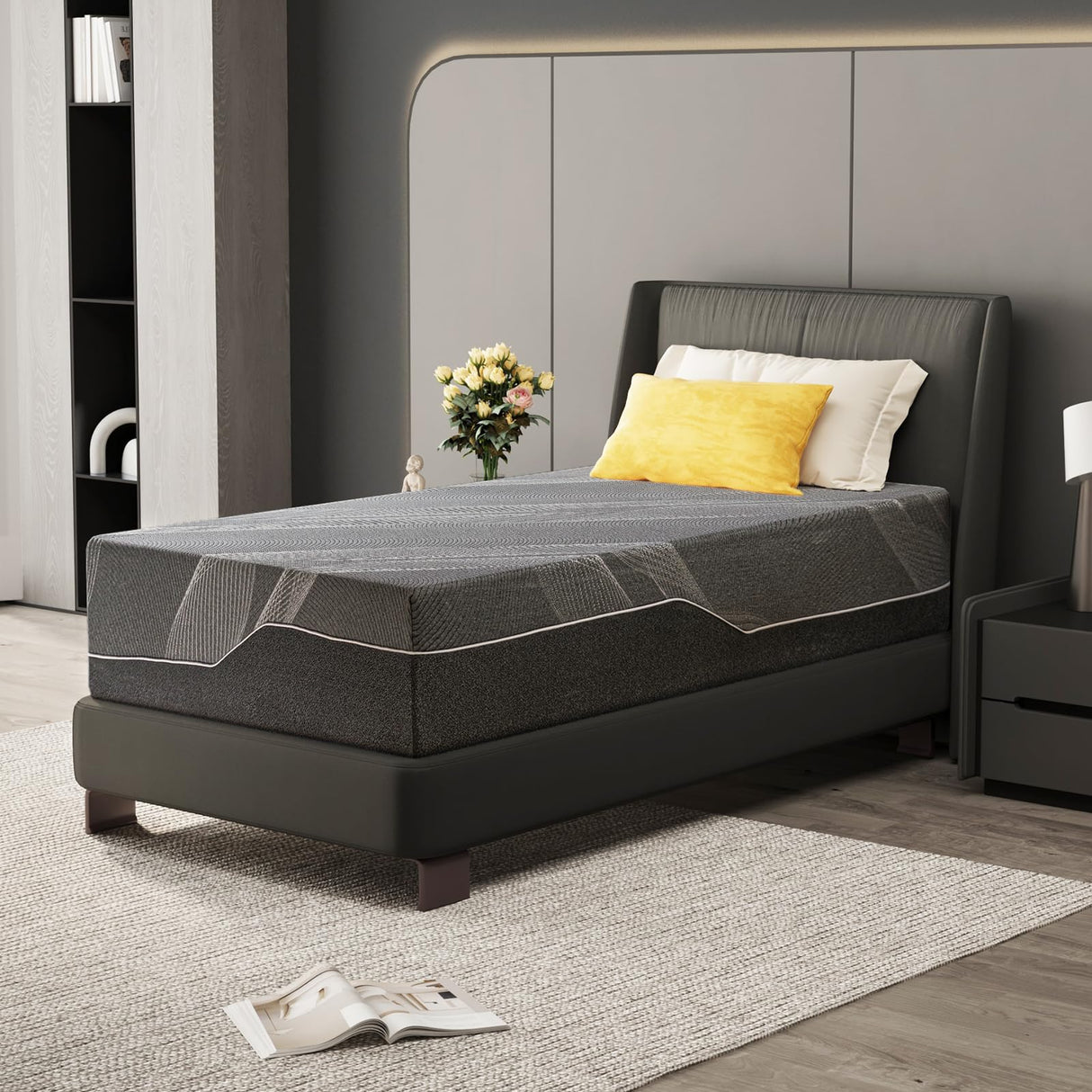 Dyonery Twin Mattress 14 Inch Charcoal Memory Foam Mattress in a Box, CertiPUR-US Certified, Fiberglass Free Cool Gel Mattress, Twin Size Mattress for Kids, 75" × 38" × 14", Medium Dyonery