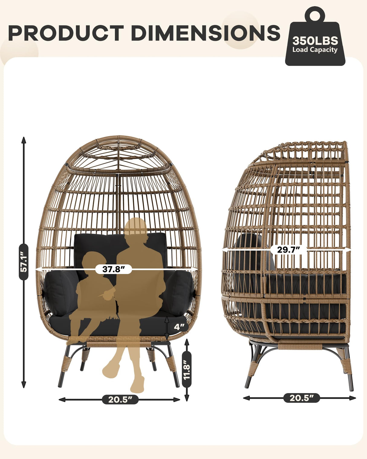 Outdoor Egg Chair, Oversized Patio Wicker Basket Chair for Balcony, Patio, Living Room, Lounge Chairs for Outside with Thick Cushions, 350LBs Capacity Egg Chair Indoor Outdoor Furniture, Black Hipicute