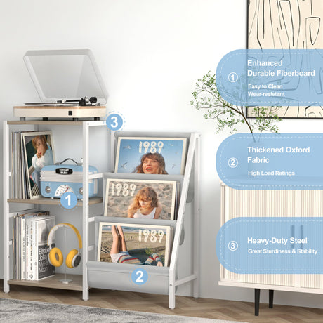 Record Player Stand with Vinyl Storage, Record Player Table with Record Storage 200 Albums, Turntable Stand with Record Holder Vinyl Display Shelf, Record Cabinet Media Stereo Tewinko
