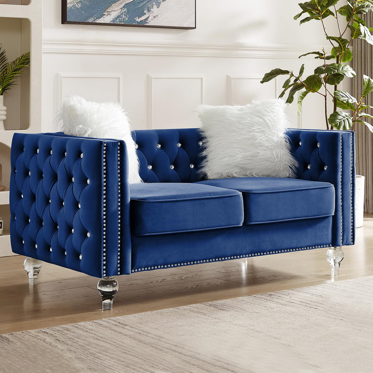 Homies Life 60" Chesterfield Sofa, Velvet Mid-Century Modern Upholstered Loveseat Sofa with 2 Throw Pillows and Acrylic Legs, Nailhead Button Tufted Vintage Couch for Living Room, Apartment, Blue Homies Life