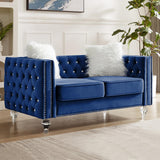 Homies Life 60" Chesterfield Sofa, Velvet Mid-Century Modern Upholstered Loveseat Sofa with 2 Throw Pillows and Acrylic Legs, Nailhead Button Tufted Vintage Couch for Living Room, Apartment, Blue Homies Life