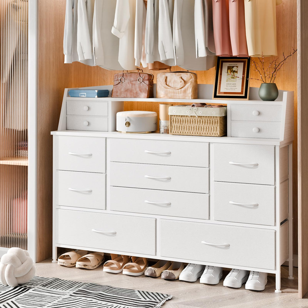 Fixwal White Dresser for Bedroom with 13 Drawers, Fabric Chest of Drawers with PU Finish for Kids, Girls, Adults, Nursery, Living Room, Closet, Entryway, Hallway (No LED Lights) Fixwal